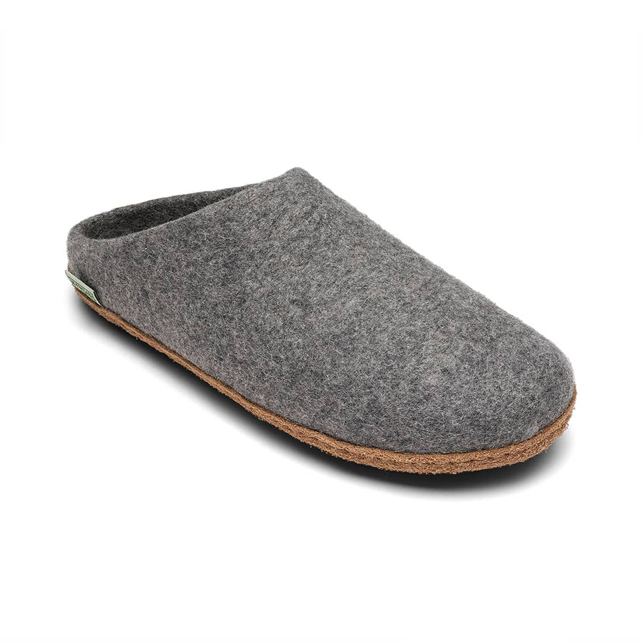 Charcoal wool-felt Kyrgies Barefoot Wides worn on a warm wood floor.
